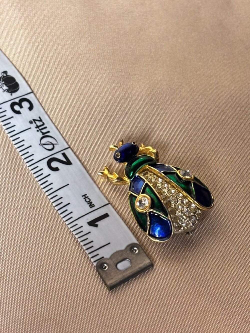 Vintage Gold Plated Green Blue Enamel Rhinestone Bug Brooch Pin Collectible A71 - Picture 8 of 8